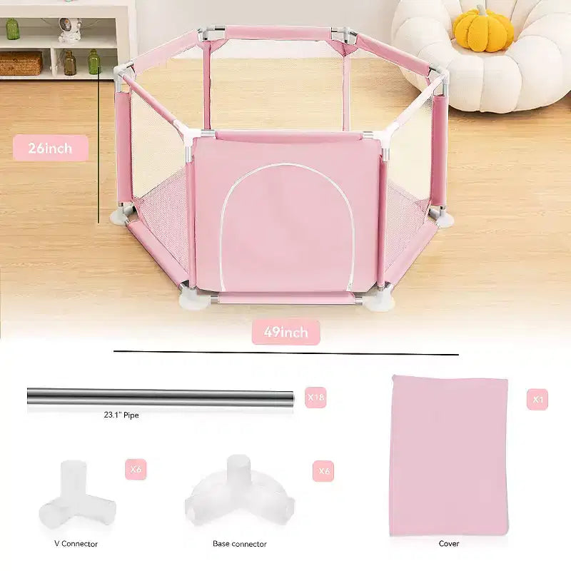 Corral de 6 paneles para bebé, azul/gris/rosa, 1 niño