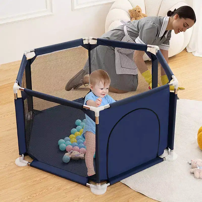 Corral de 6 paneles para bebé, azul/gris/rosa, 1 niño