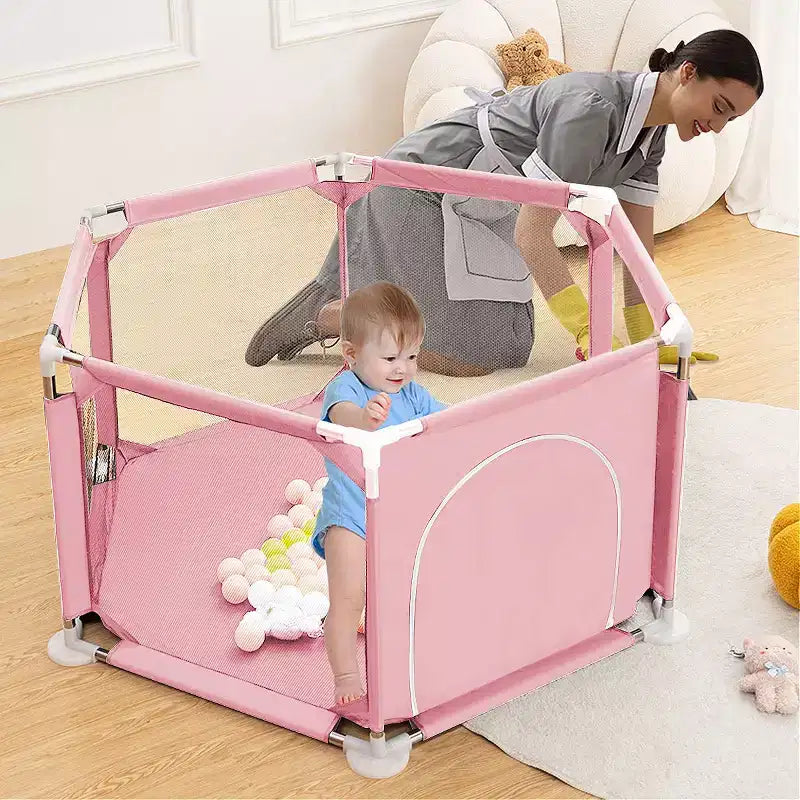 Corral de 6 paneles para bebé, azul/gris/rosa, 1 niño