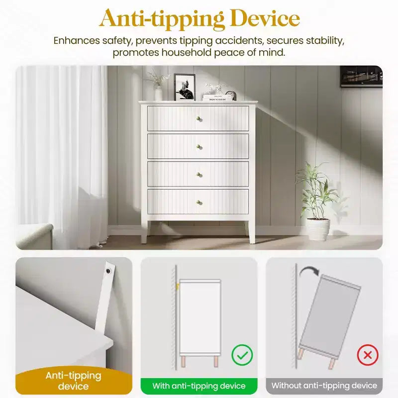 Cómoda blanca acanalada de 4 cajones – Gabinete de almacenamiento para 1 persona