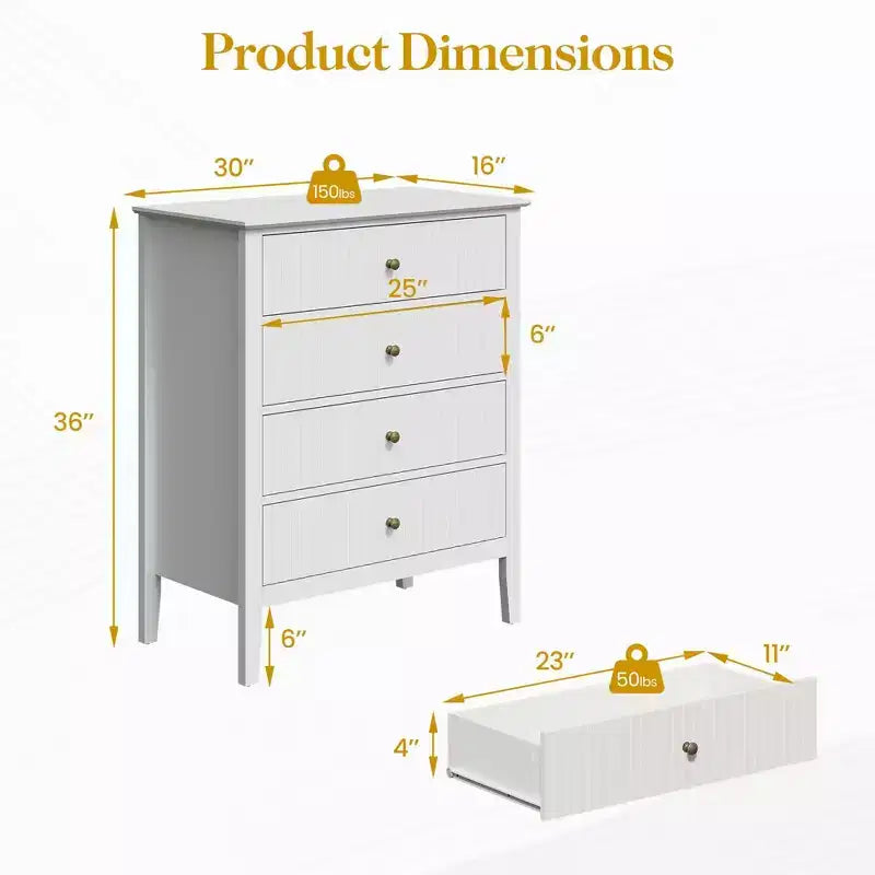 Cómoda blanca acanalada de 4 cajones – Gabinete de almacenamiento para 1 persona