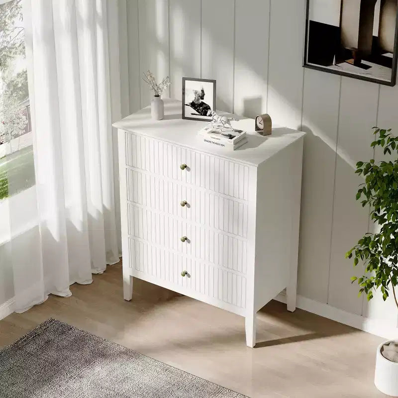 Cómoda blanca acanalada de 4 cajones – Gabinete de almacenamiento para 1 persona