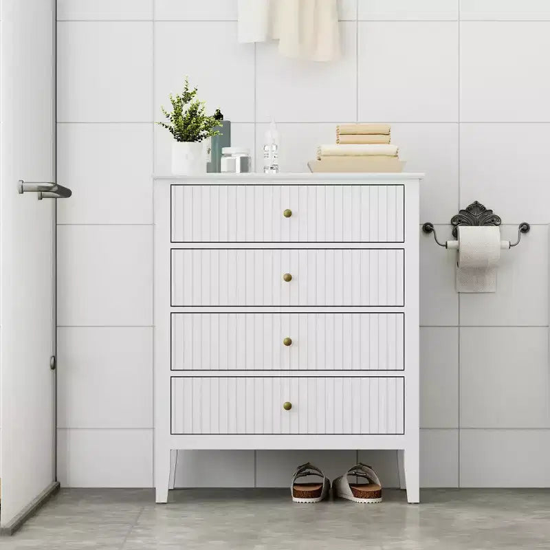 Cómoda blanca acanalada de 4 cajones – Gabinete de almacenamiento para 1 persona