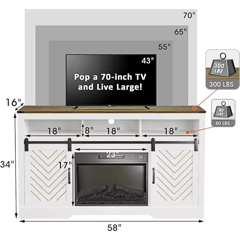 Mueble de TV de granja en blanco/negro/gris con puerta corrediza tipo granero, para televisores de 65" o más, montaje para 1 o 2 personas