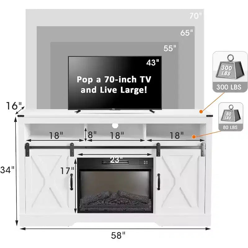 Mueble de TV de granja en blanco/negro/gris con puerta corrediza tipo granero, para televisores de 65" o más, montaje para 1 o 2 personas