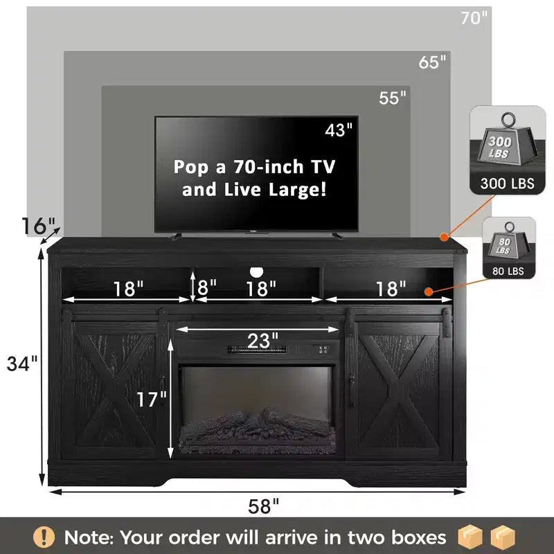 Mueble de TV de granja en blanco/negro/gris con puerta corrediza tipo granero, para televisores de 65" o más, montaje para 1 o 2 personas