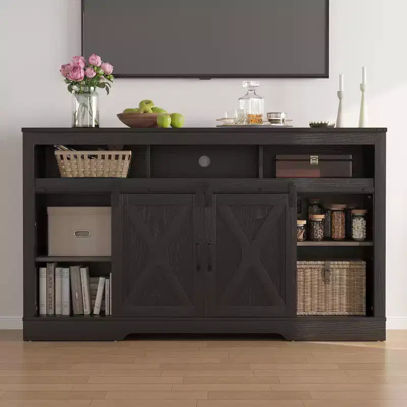 Mueble de TV de granja en blanco/negro/gris con puerta corrediza tipo granero, para televisores de 65" o más, montaje para 1 o 2 personas