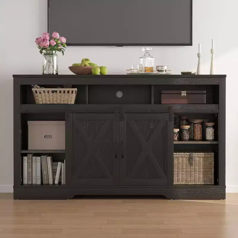 Mueble de TV de granja en blanco/negro/gris con puerta corrediza tipo granero, para televisores de 65" o más, montaje para 1 o 2 personas