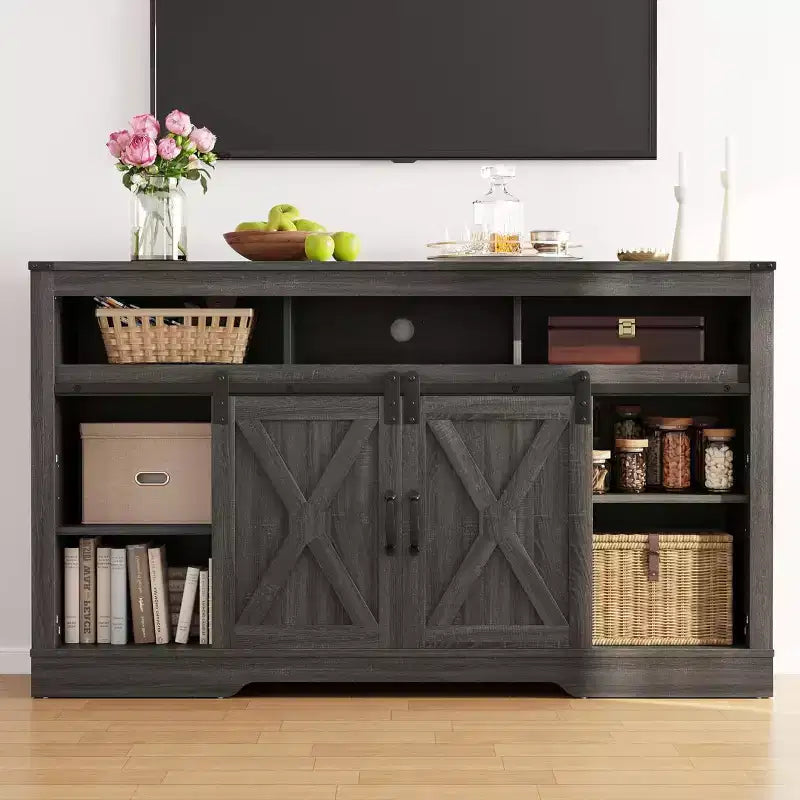 Mueble de TV de granja en blanco/negro/gris con puerta corrediza tipo granero, para televisores de 65" o más, montaje para 1 o 2 personas