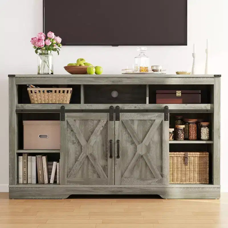 Mueble de TV de granja en blanco/negro/gris con puerta corrediza tipo granero, para televisores de 65" o más, montaje para 1 o 2 personas