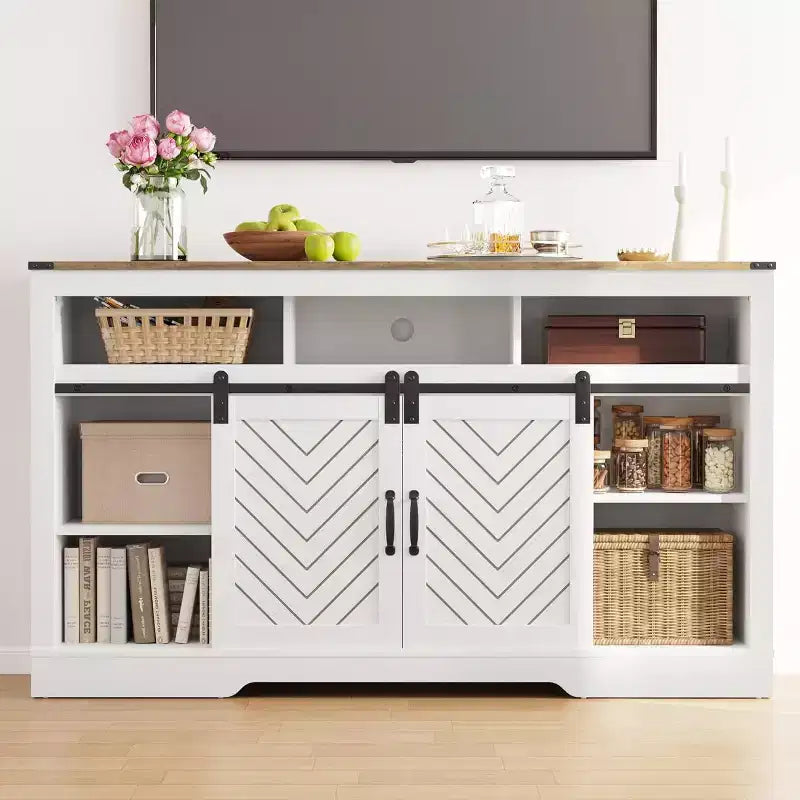 Mueble de TV de granja en blanco/negro/gris con puerta corrediza tipo granero, para televisores de 65" o más, montaje para 1 o 2 personas
