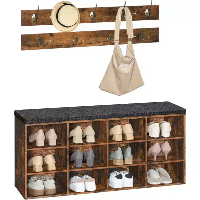 Banco de Almacenamiento Marrón para Entrada con Cojín, Zapatero de 12 Casilleros y Ganchos para Abrigos, Asientos para hasta 4 Personas