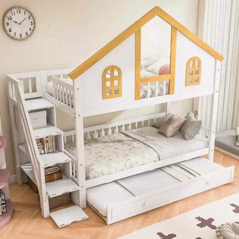 Litera con temática de la Casa Blanca con cama nido y escalera con almacenamiento – Doble/Matrimonial, capacidad para 3
