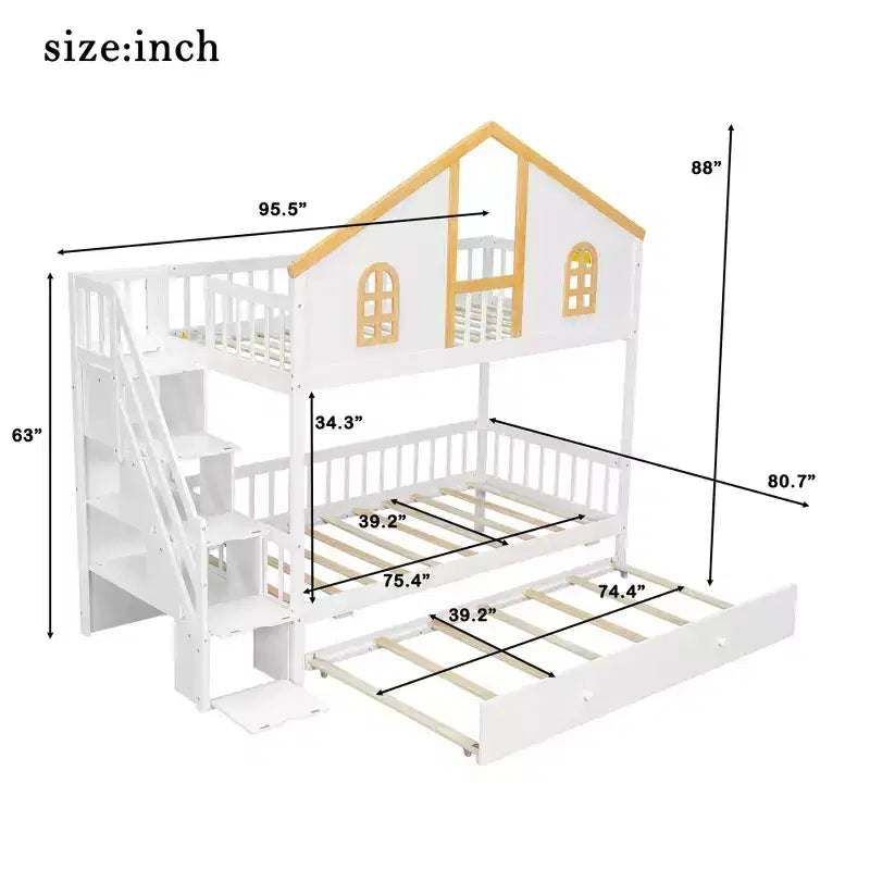 Litera con temática de la Casa Blanca con cama nido y escalera con almacenamiento – Doble/Matrimonial, capacidad para 3
