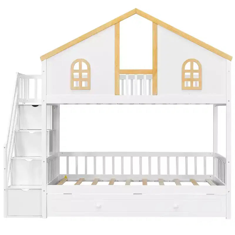 Litera con temática de la Casa Blanca con cama nido y escalera con almacenamiento – Doble/Matrimonial, capacidad para 3