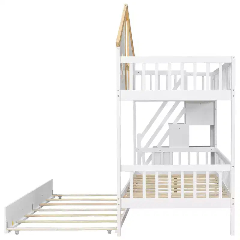 Litera con temática de la Casa Blanca con cama nido y escalera con almacenamiento – Doble/Matrimonial, capacidad para 3