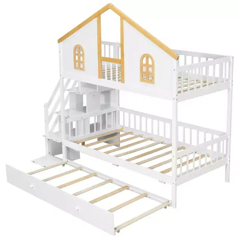 Litera con temática de la Casa Blanca con cama nido y escalera con almacenamiento – Doble/Matrimonial, capacidad para 3