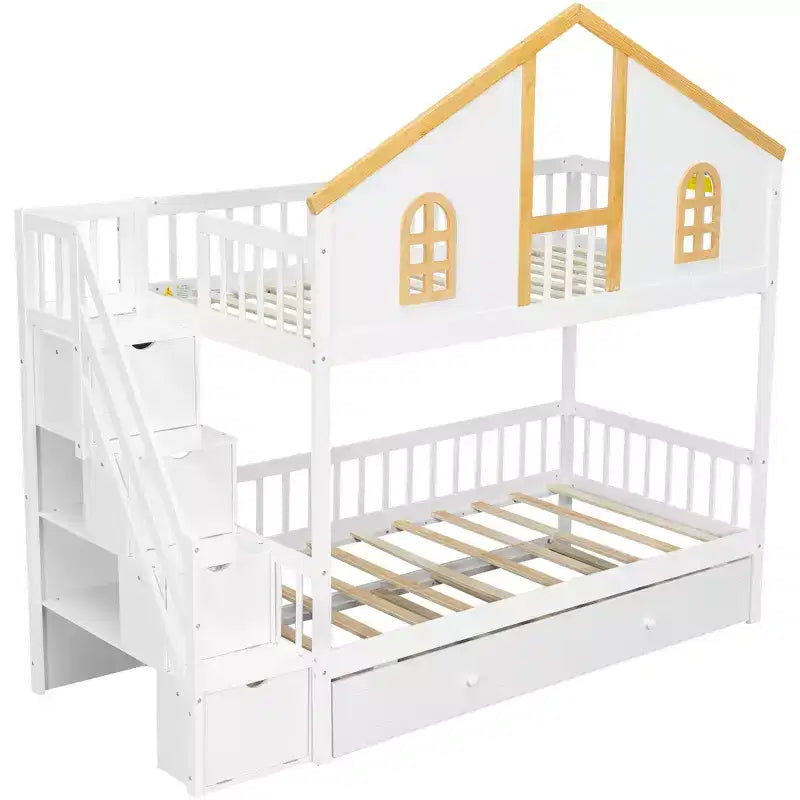 Litera con temática de la Casa Blanca con cama nido y escalera con almacenamiento – Doble/Matrimonial, capacidad para 3