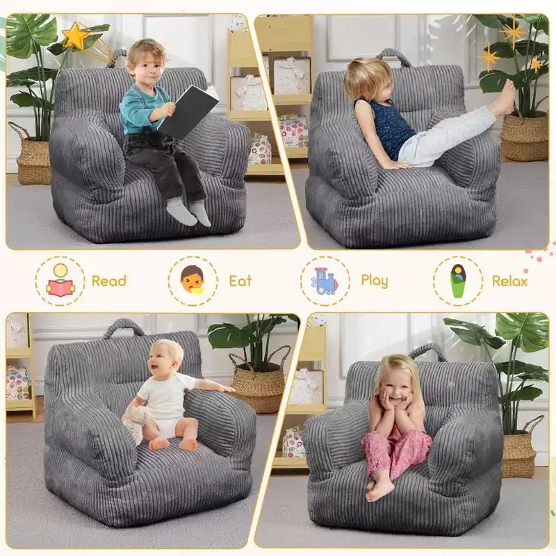 Puf Infantil de Terciopelo Gris Claro / Blanquecino, 1 Plaza