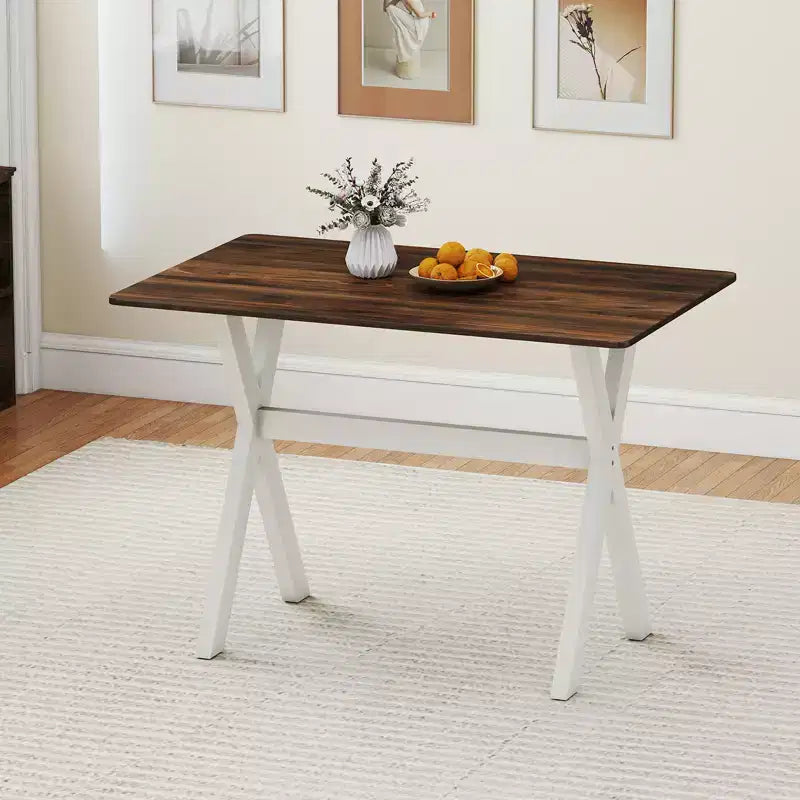 Mesa de comedor marrón y blanca, patas en X, 4 comensales