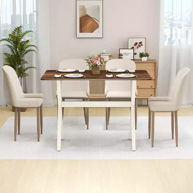 Mesa de comedor marrón y blanca, patas en X, 4 comensales