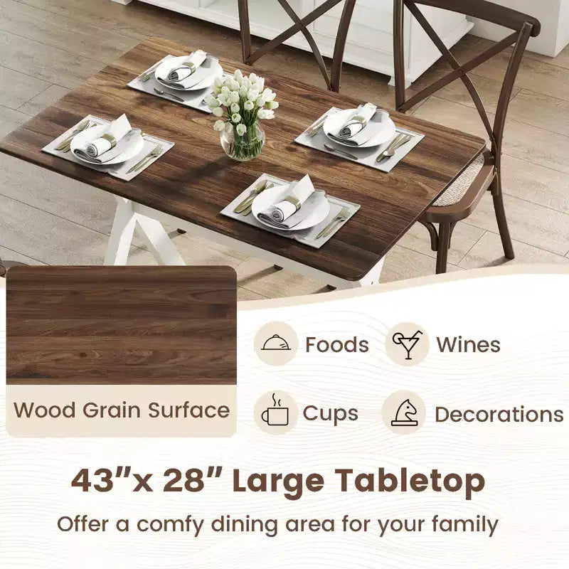 Mesa de comedor marrón y blanca, patas en X, 4 comensales