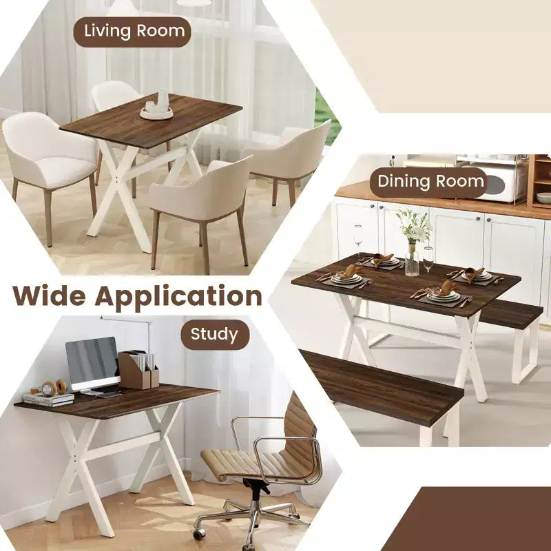 Mesa de comedor marrón y blanca, patas en X, 4 comensales