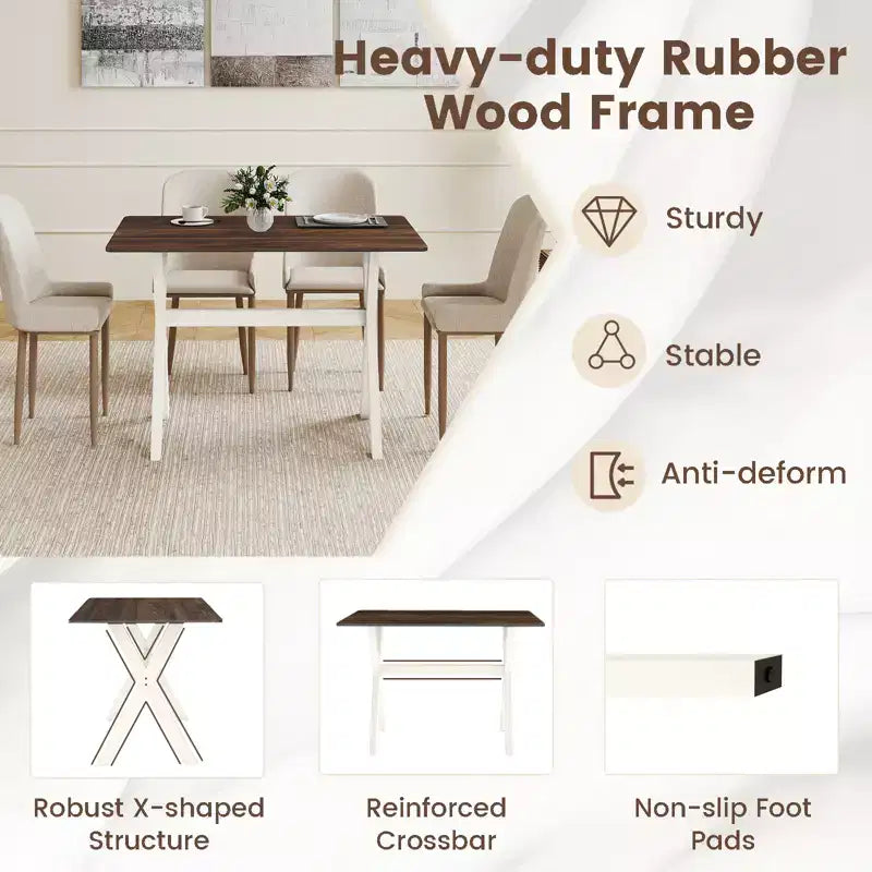 Mesa de comedor marrón y blanca, patas en X, 4 comensales