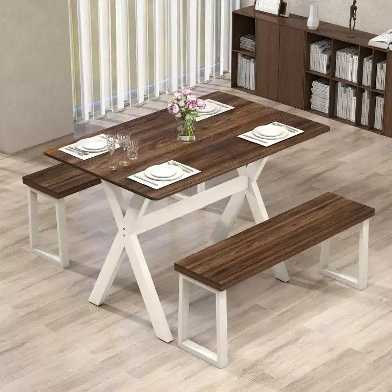 Mesa de comedor marrón y blanca, patas en X, 4 comensales