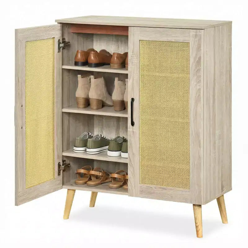 Zapatero de ratán natural/nogal, 5 niveles, 3 estantes extraíbles, 2 puertas, capacidad para 16 pares