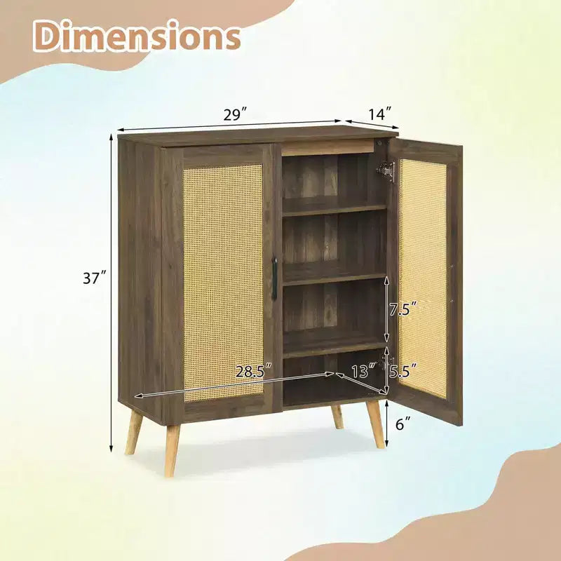 Zapatero de ratán natural/nogal, 5 niveles, 3 estantes extraíbles, 2 puertas, capacidad para 16 pares