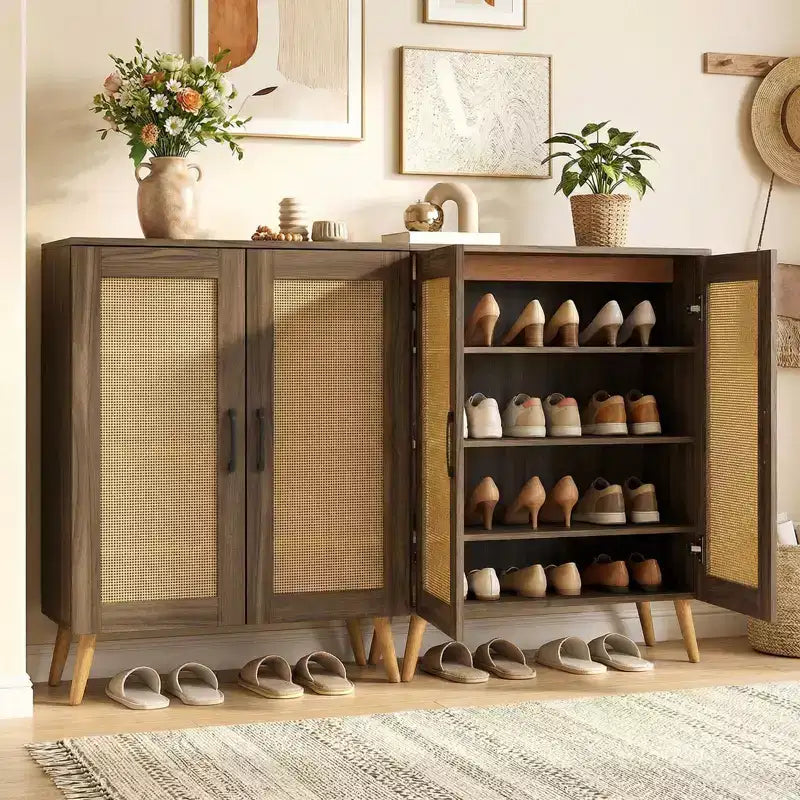 Zapatero de ratán natural/nogal, 5 niveles, 3 estantes extraíbles, 2 puertas, capacidad para 16 pares