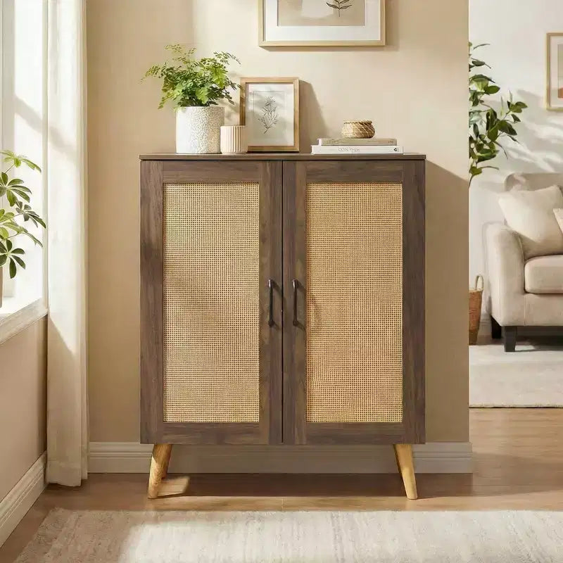 Zapatero de ratán natural/nogal, 5 niveles, 3 estantes extraíbles, 2 puertas, capacidad para 16 pares