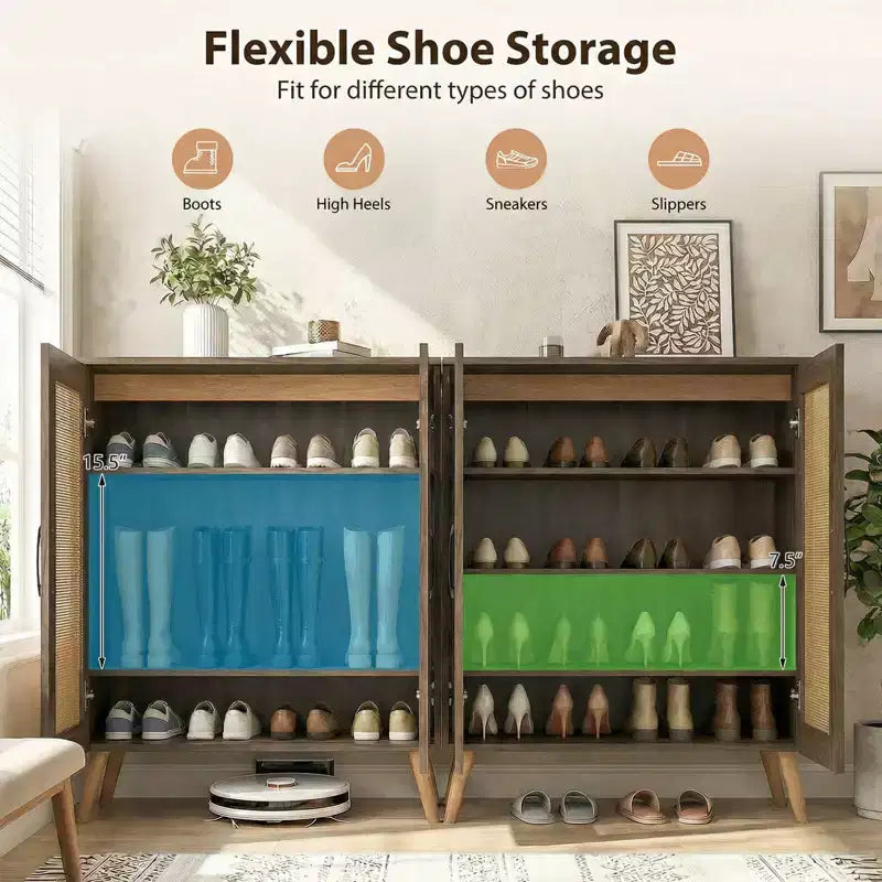 Zapatero de ratán natural/nogal, 5 niveles, 3 estantes extraíbles, 2 puertas, capacidad para 16 pares