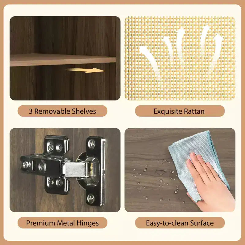 Zapatero de ratán natural/nogal, 5 niveles, 3 estantes extraíbles, 2 puertas, capacidad para 16 pares