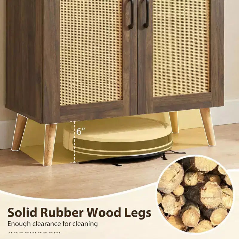 Zapatero de ratán natural/nogal, 5 niveles, 3 estantes extraíbles, 2 puertas, capacidad para 16 pares
