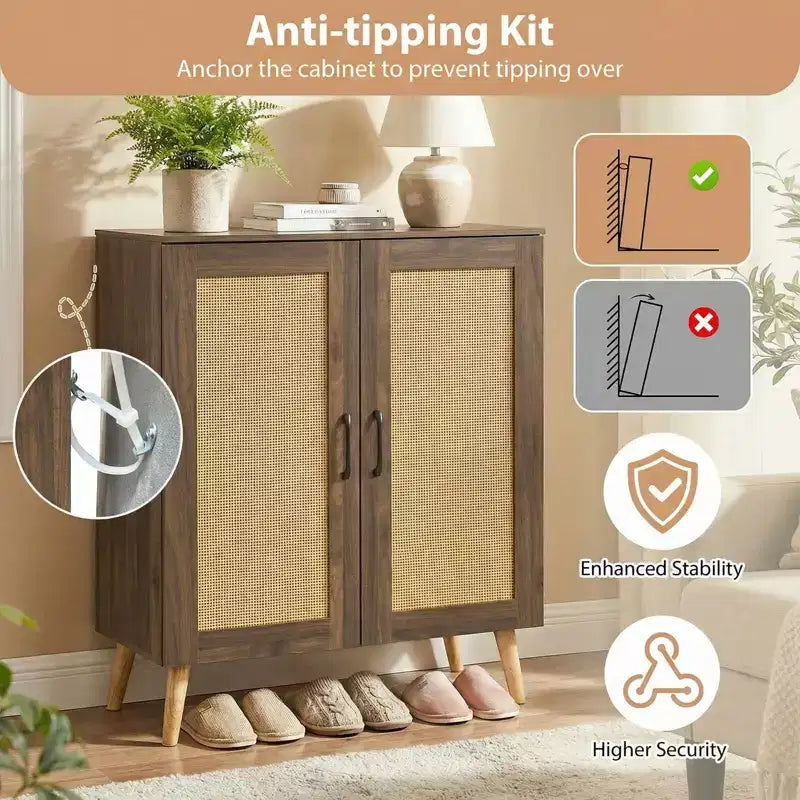 Zapatero de ratán natural/nogal, 5 niveles, 3 estantes extraíbles, 2 puertas, capacidad para 16 pares