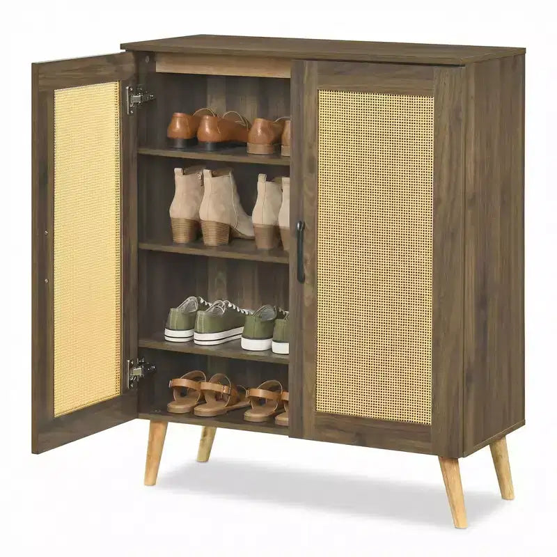 Zapatero de ratán natural/nogal, 5 niveles, 3 estantes extraíbles, 2 puertas, capacidad para 16 pares