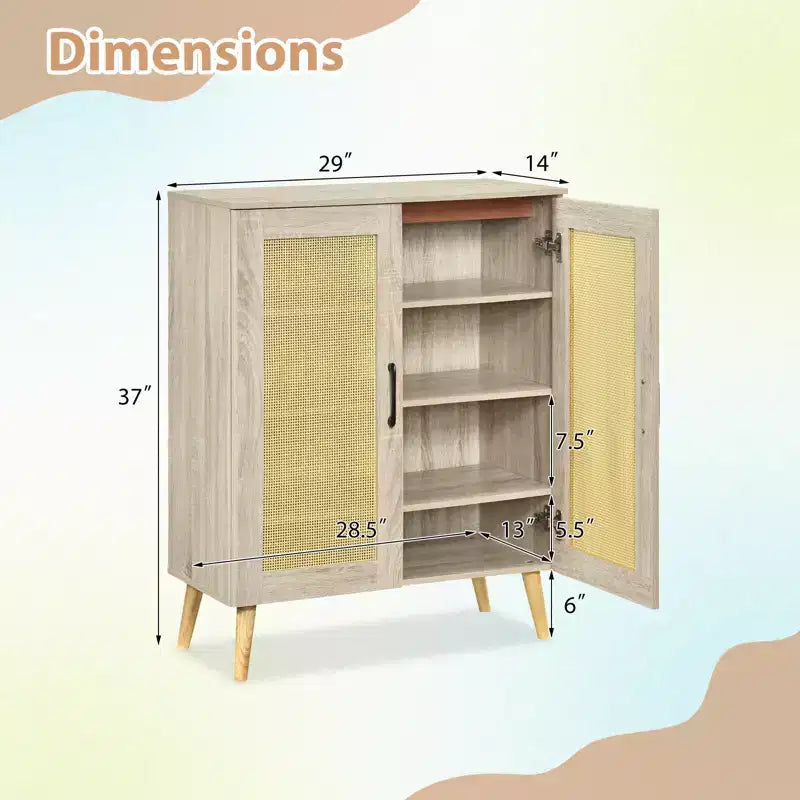 Zapatero de ratán natural/nogal, 5 niveles, 3 estantes extraíbles, 2 puertas, capacidad para 16 pares