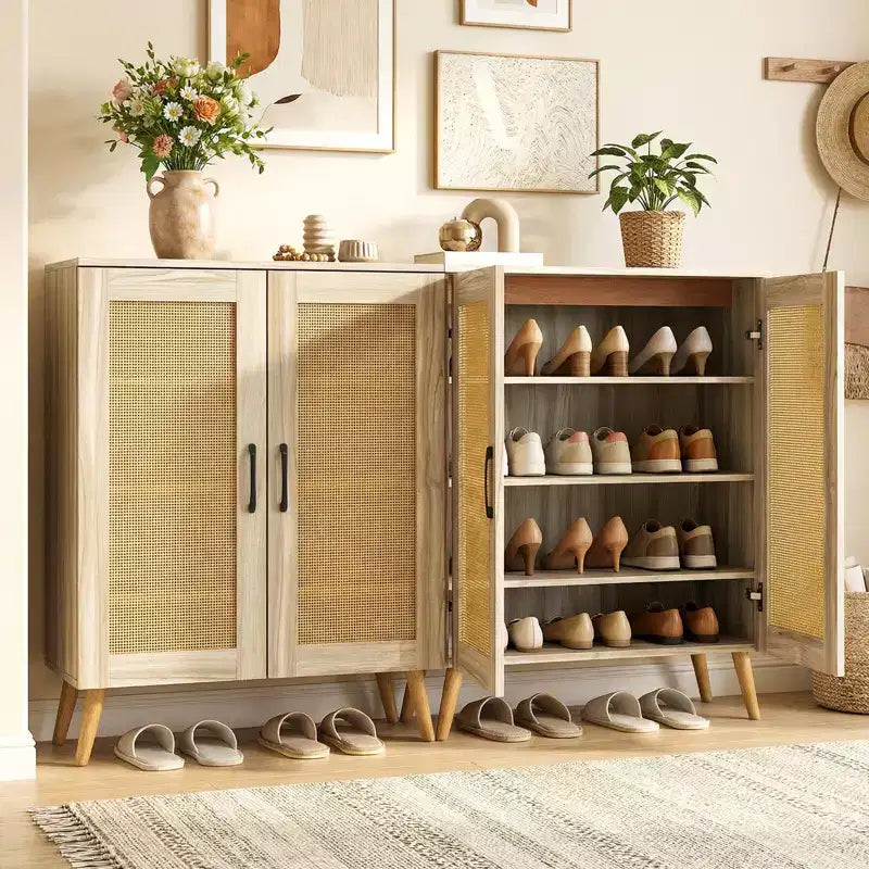 Zapatero de ratán natural/nogal, 5 niveles, 3 estantes extraíbles, 2 puertas, capacidad para 16 pares