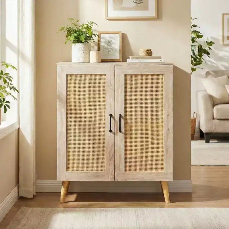 Zapatero de ratán natural/nogal, 5 niveles, 3 estantes extraíbles, 2 puertas, capacidad para 16 pares