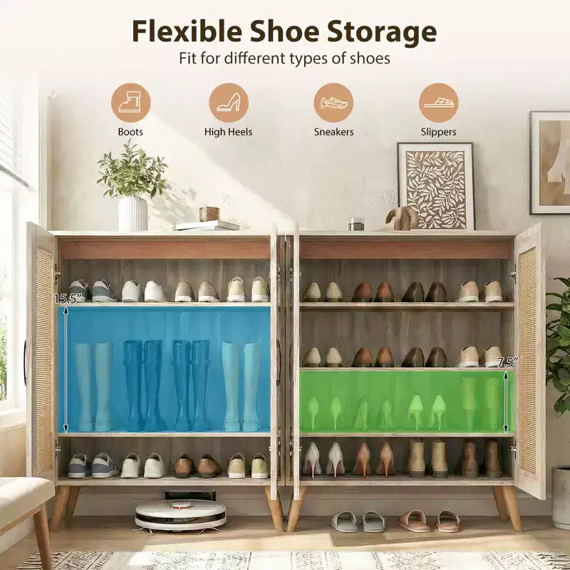 Zapatero de ratán natural/nogal, 5 niveles, 3 estantes extraíbles, 2 puertas, capacidad para 16 pares