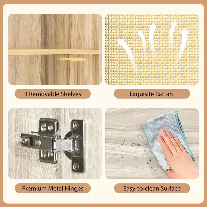 Zapatero de ratán natural/nogal, 5 niveles, 3 estantes extraíbles, 2 puertas, capacidad para 16 pares