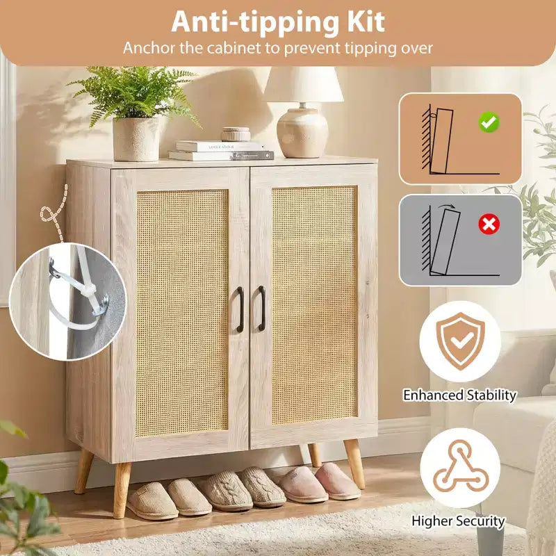 Zapatero de ratán natural/nogal, 5 niveles, 3 estantes extraíbles, 2 puertas, capacidad para 16 pares
