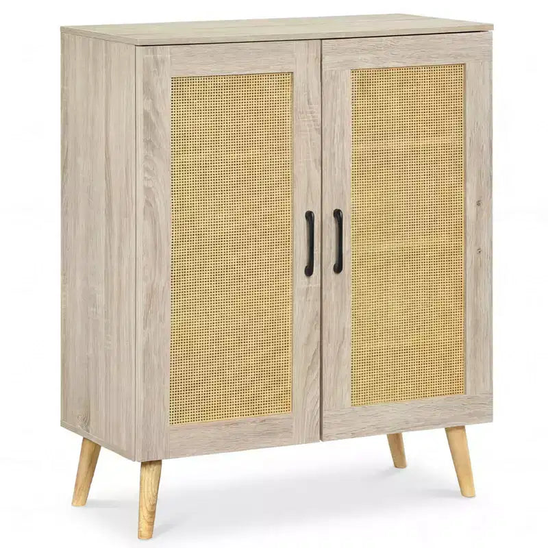 Costway Rattan Shoe Cabinet with 3 Removable Shelves,5-Tier Narrow Cabinet Wood Legs, Walnut/Natural