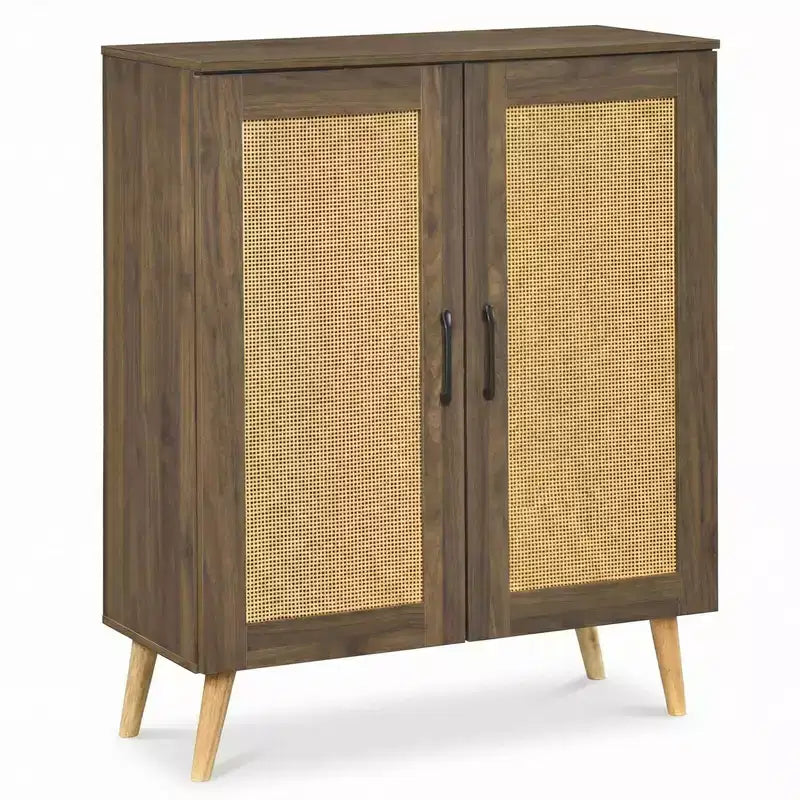 Zapatero de ratán natural/nogal, 5 niveles, 3 estantes extraíbles, 2 puertas, capacidad para 16 pares