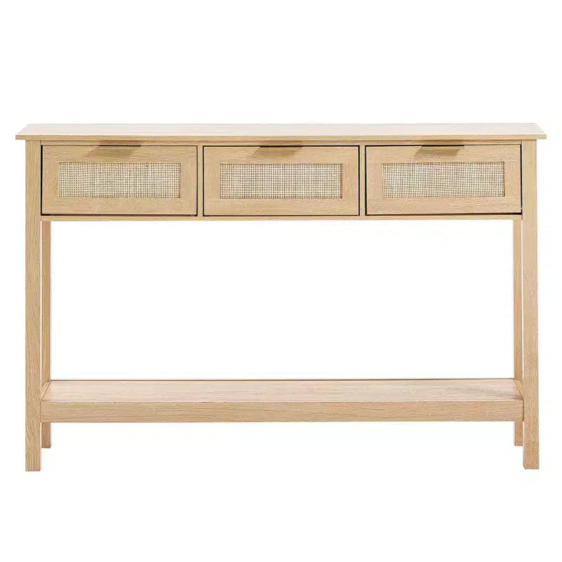 Rattan Console Table with 3 Drawers and Bottom Shelf Narrow Entryway Sofa Table 51.38 in Beige