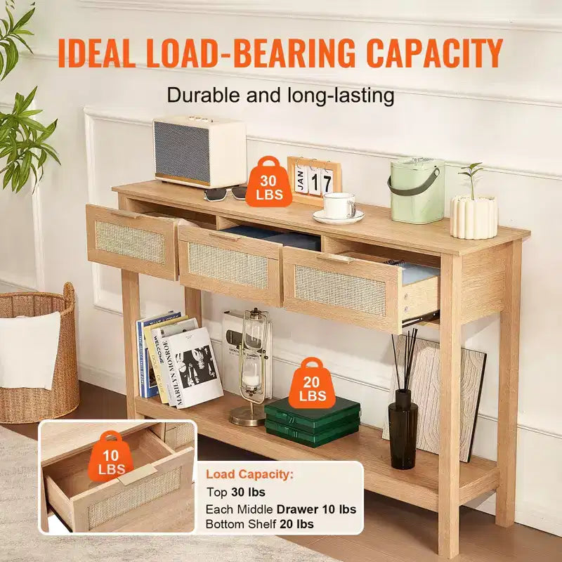Mesa Consola Beige de Ratán con 3 Cajones y Estante Inferior