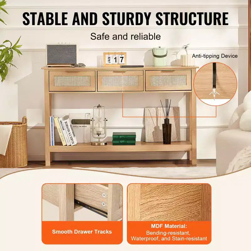 Mesa Consola Beige de Ratán con 3 Cajones y Estante Inferior