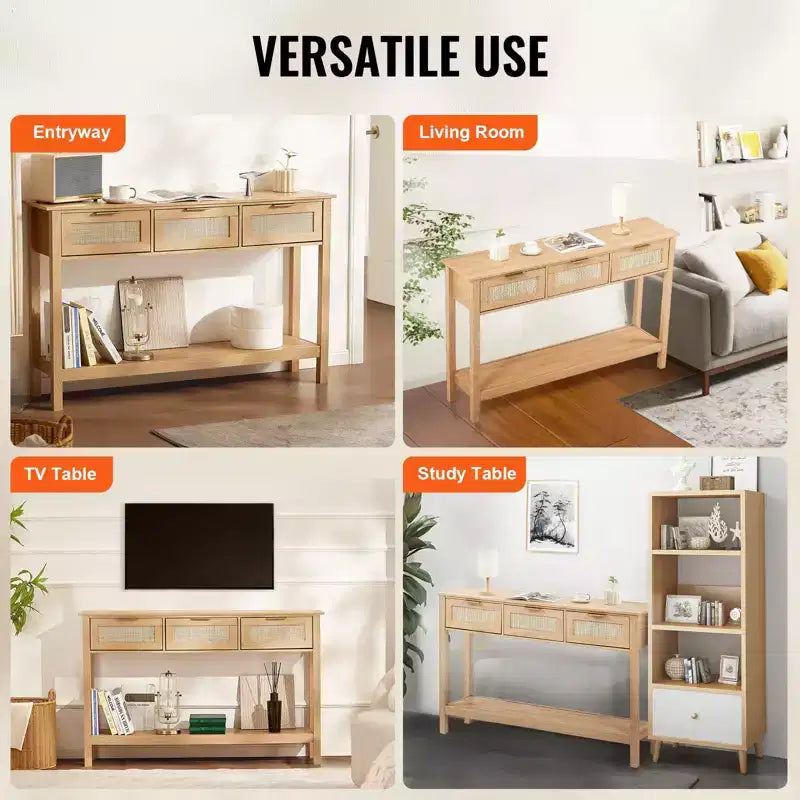 Mesa Consola Beige de Ratán con 3 Cajones y Estante Inferior